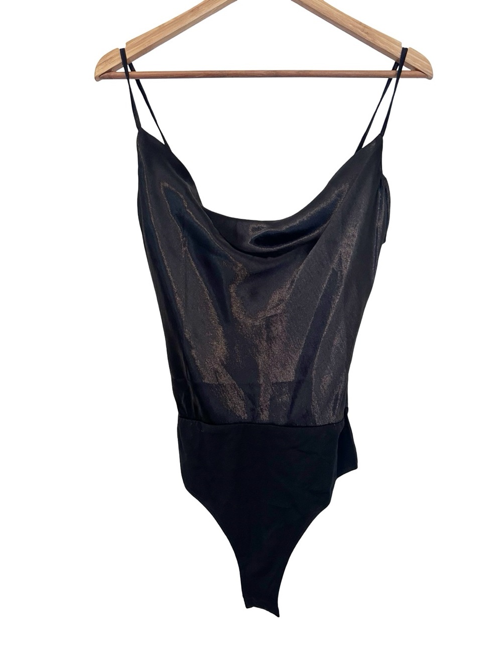 TCEC Satin Cowl Neck Spaghetti Strap Bodysuit Black S NWT